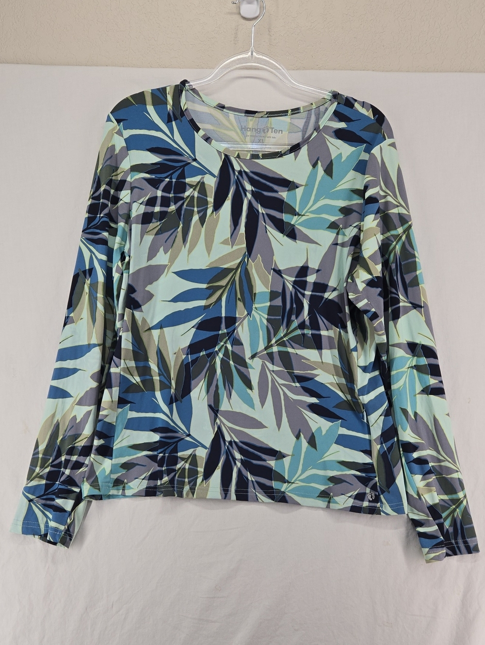 Hang Ten UPF 50+ Mint, Navy & Light Blue Leaf-Print Long-Sleeve Swim Coverup